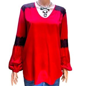 Karen Kane Chic Red V-Neck Long Sleeve Blouse with Lace Details Large